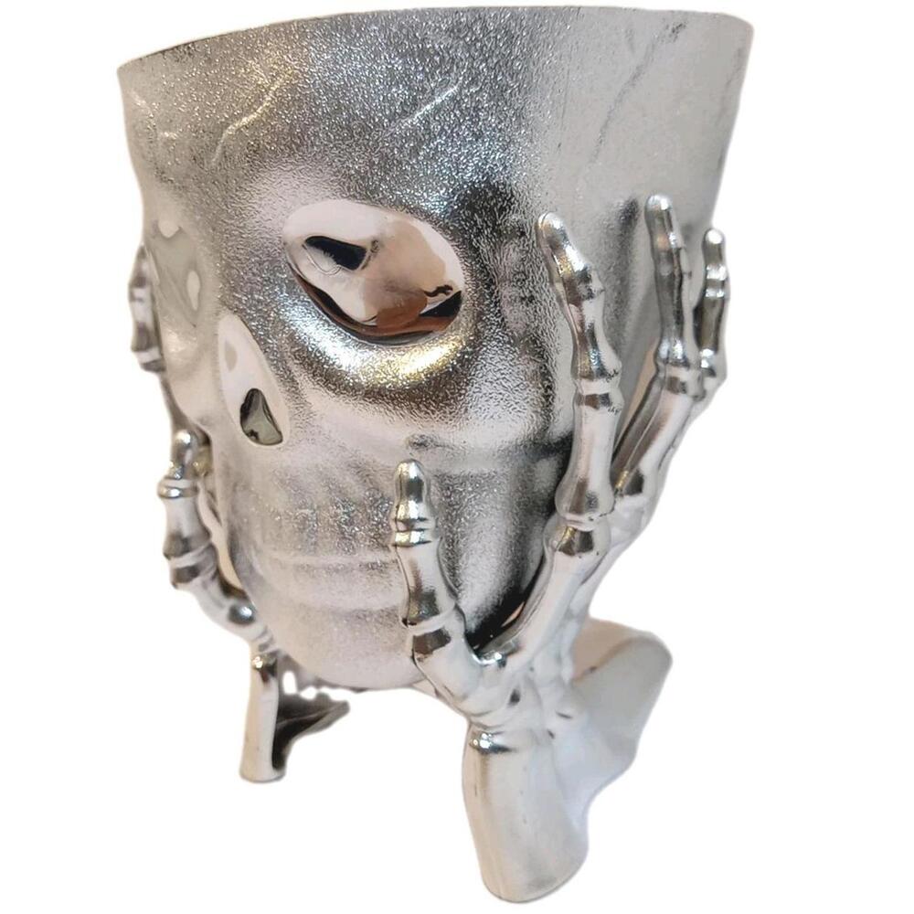 Halloween Skull Candy Table Bowl Silver Metallic Chrome Dish Skeleton Hands